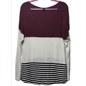 Double Zero Soft Color Block Long Sleeve Top‎ : Burgundy, White & Stripes - L
